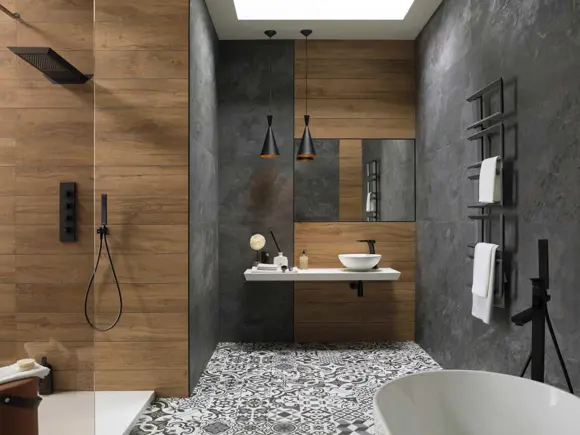 Koupelna luxusní imitace kámen/dřevo Porcelanosa